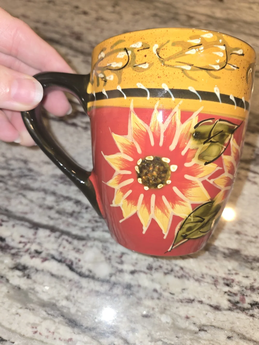 Pier 1 Imports Sunflower Coffee Mug Hand Painted Terracotta 12oz Set Of 2